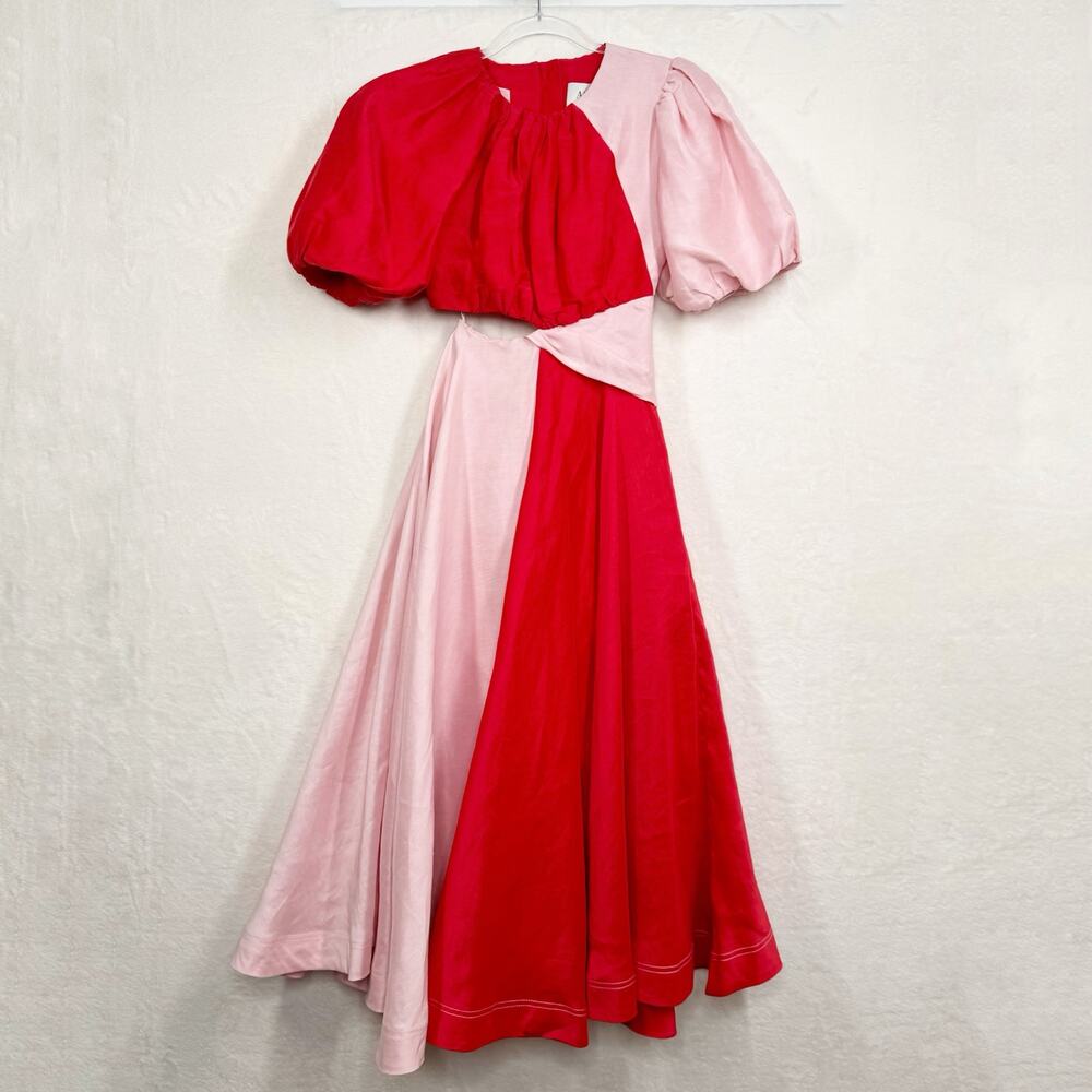 Aje Impermanence Entwined Midi Dress Pink Red Silk Puff Sleeve Party Size XXS - Picture 3 of 16